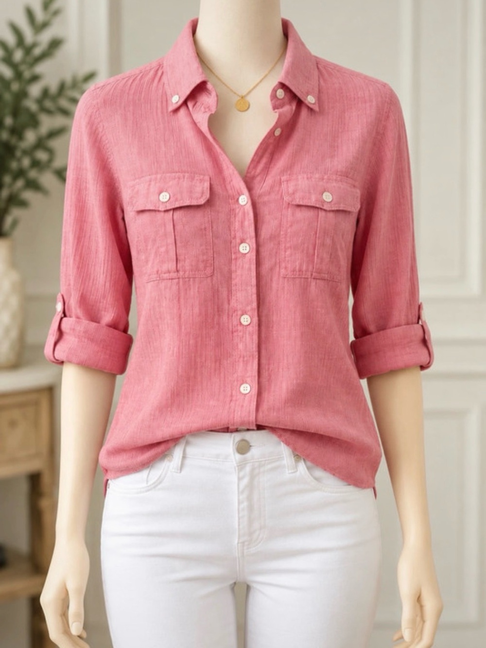 J. Crew Button-Down Linen Blend Shirt in Rose Pink